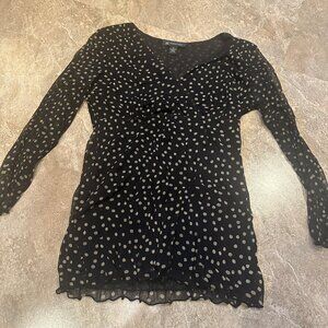 INC International Concept Black & Brown Polka Dot Sheer Overlay VNeck Shirt - M
